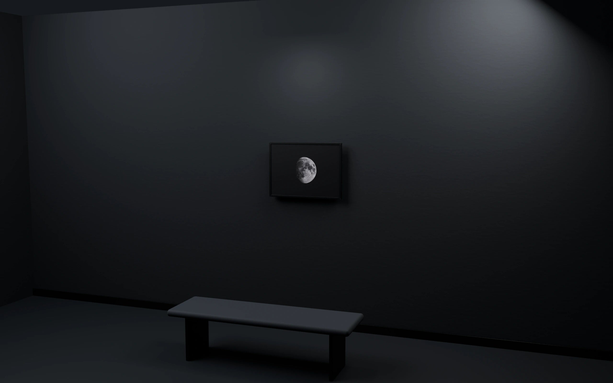 Dark gallery room with a framed moon above a 160 cm wide bench