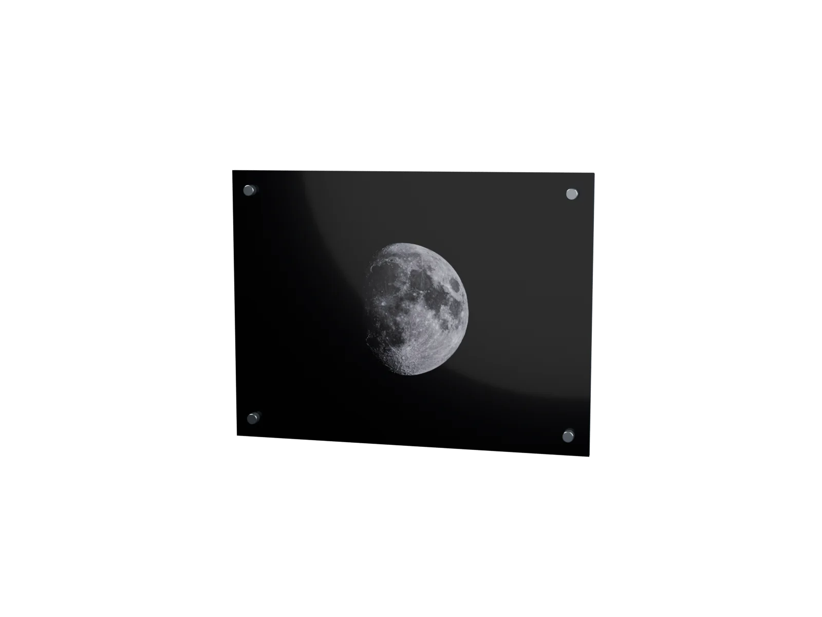 Moon photograph on acrylic with reflections and four corner mounts – 3D view