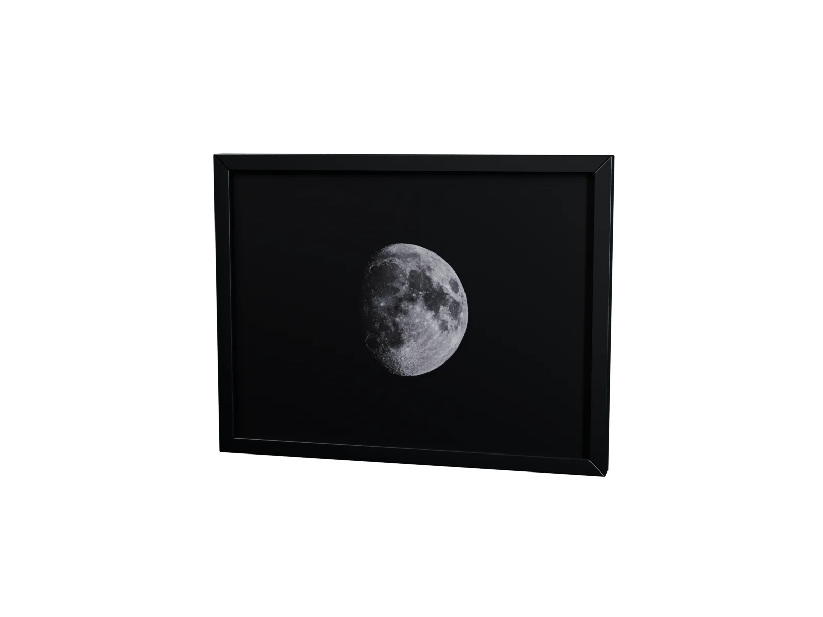 Moon photograph in a black frame with a soft shadow on a dark background – 3D view